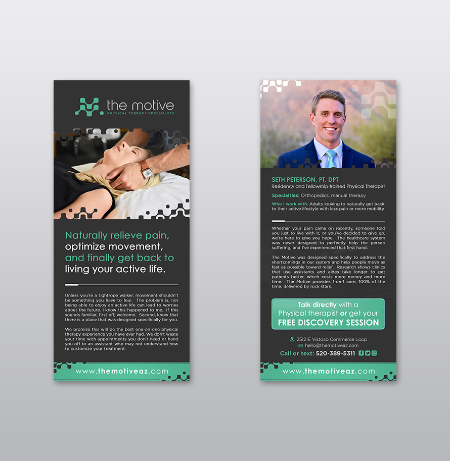 Rack card designs for naturally relive pain optimize movement