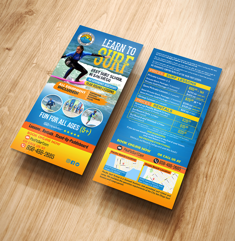 Rack card designs for surf school in San Diego